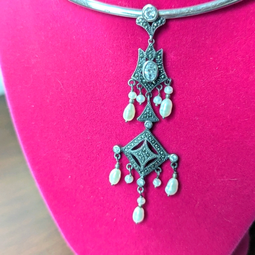 Antique Edwardian Sterling Silver and Marcasite Lavaliere And CHOKER - Picture 2 of 10